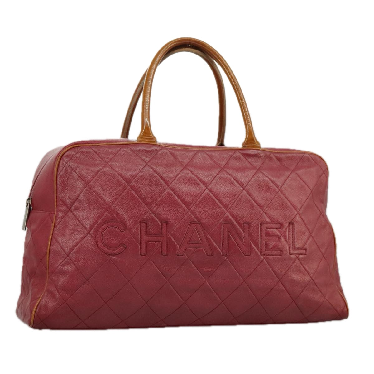 CHANEL Matelasse Boston Bag Caviar Skin Red CC Auth 97743