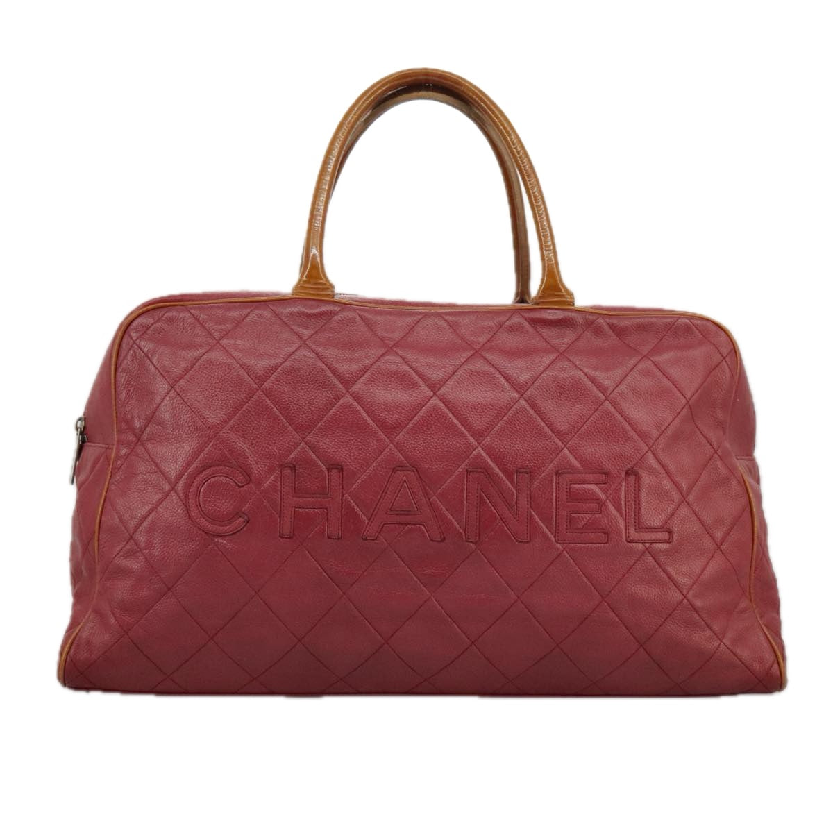 CHANEL Matelasse Boston Bag Caviar Skin Red CC Auth 97743