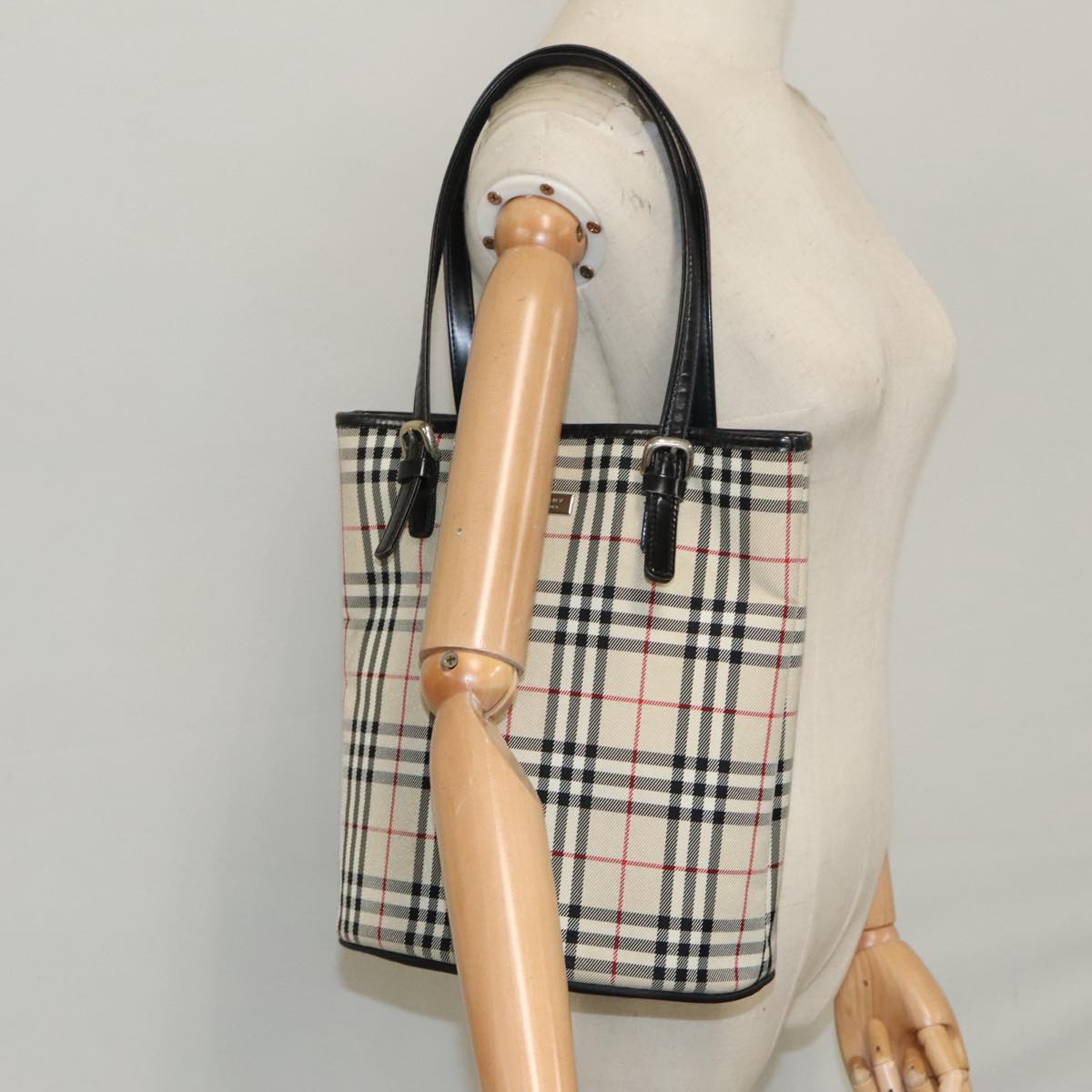 BURBERRY Nova Check Blue Label Tote Bag Nylon Beige Auth 97766