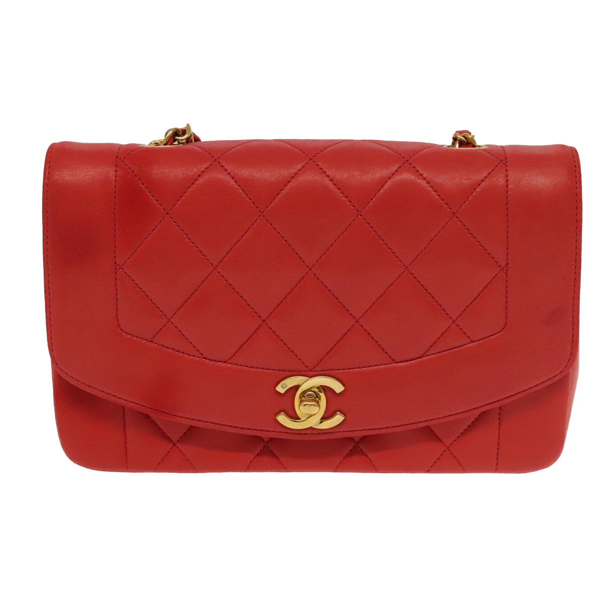 CHANEL Matelasse Diana Chain Shoulder Bag Lamb Skin Red CC Auth 97772A