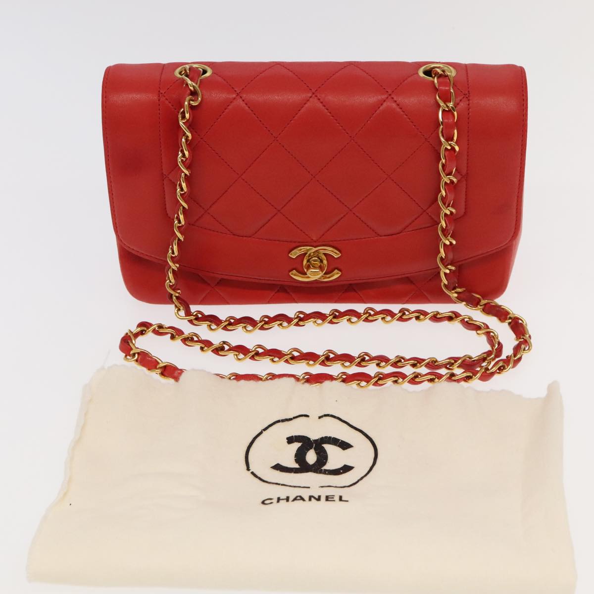 CHANEL Matelasse Diana Chain Shoulder Bag Lamb Skin Red CC Auth 97772A