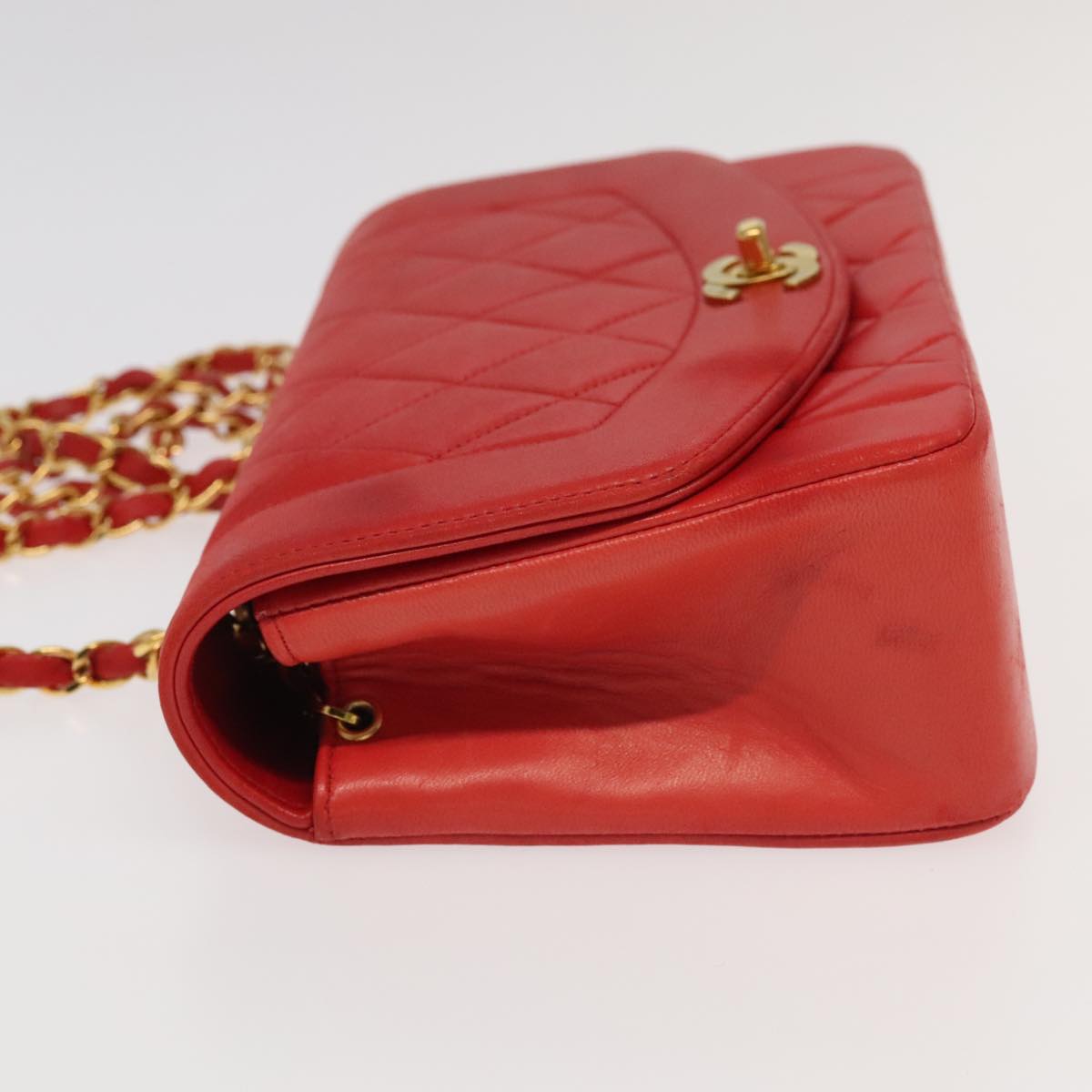 CHANEL Matelasse Diana Chain Shoulder Bag Lamb Skin Red CC Auth 97772A