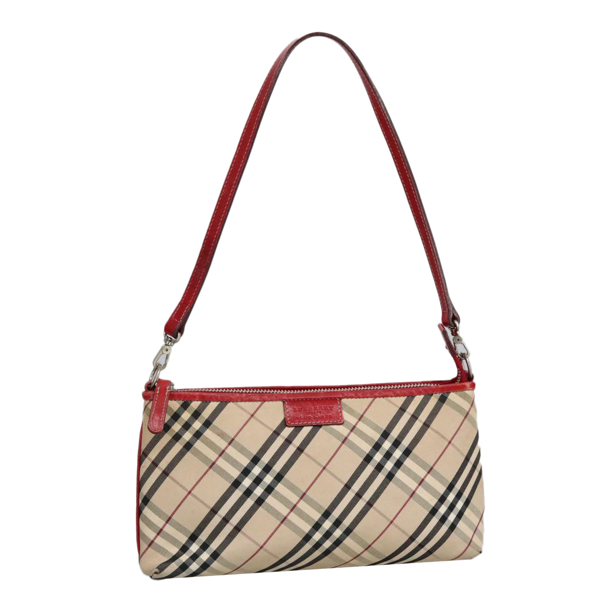 BURBERRY Nova Check Blue Label Hand Bag Canvas Silver Red Silver Auth 97816