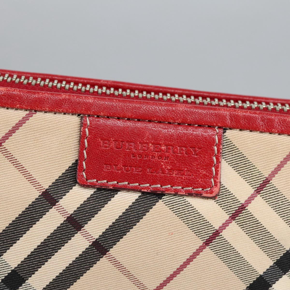 BURBERRY Nova Check Blue Label Hand Bag Canvas Silver Red Silver Auth 97816