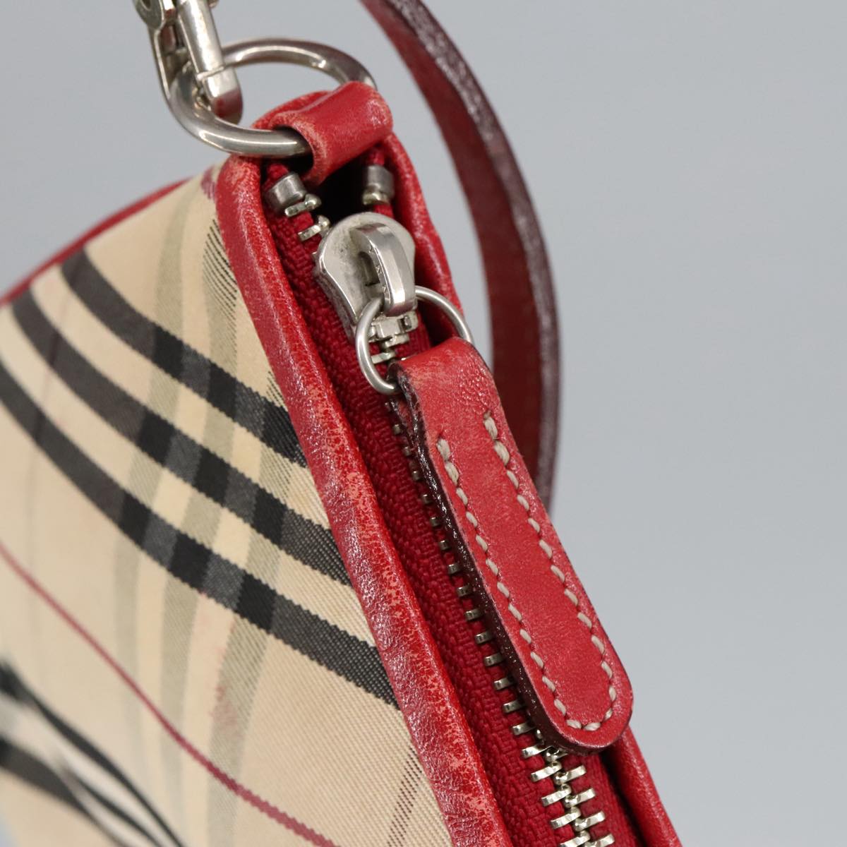 BURBERRY Nova Check Blue Label Hand Bag Canvas Silver Red Silver Auth 97816