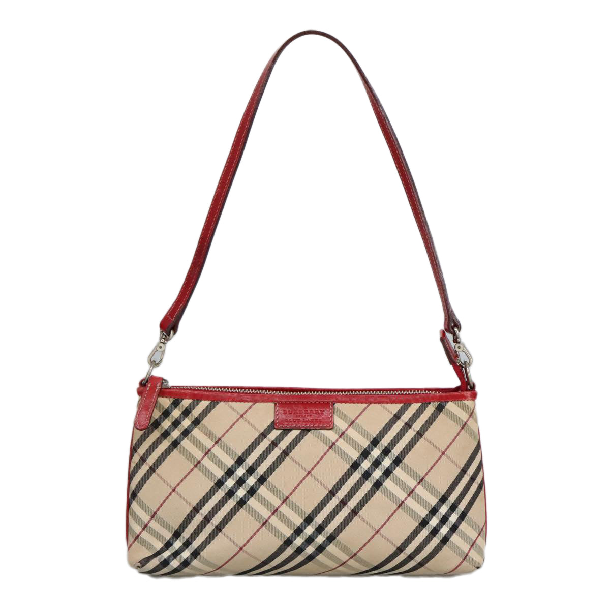 BURBERRY Nova Check Blue Label Hand Bag Canvas Silver Red Silver Auth 97816