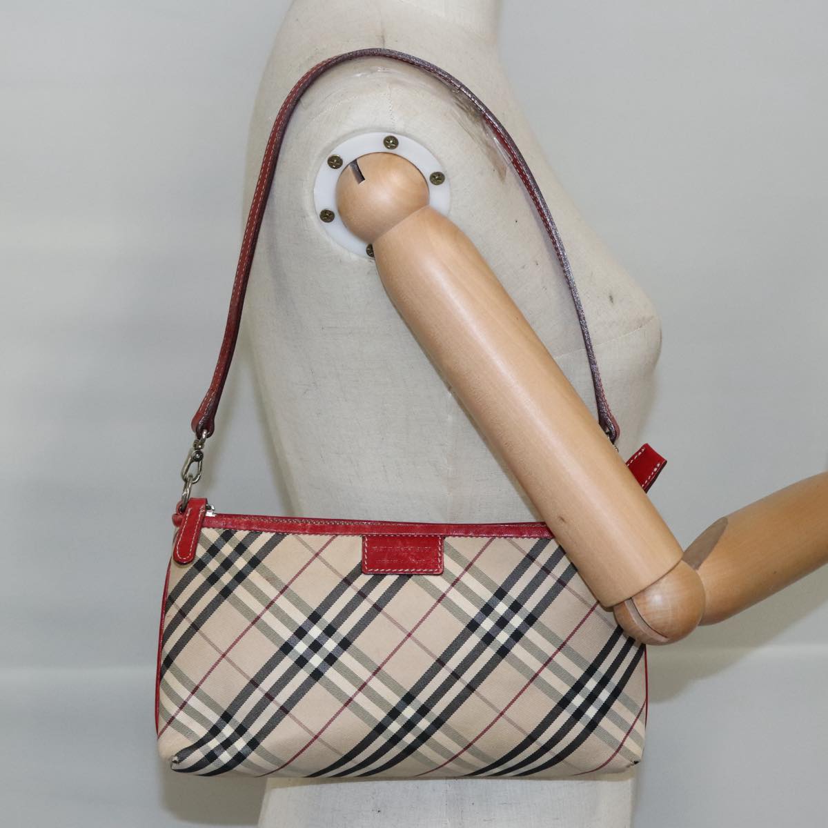 BURBERRY Nova Check Blue Label Hand Bag Canvas Silver Red Silver Auth 97816