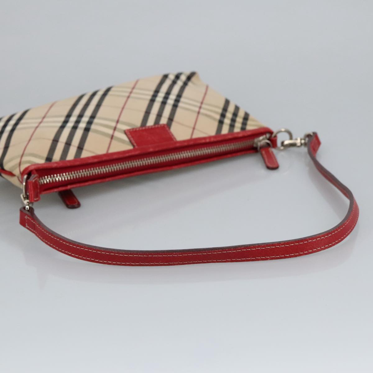 BURBERRY Nova Check Blue Label Hand Bag Canvas Silver Red Silver Auth 97816