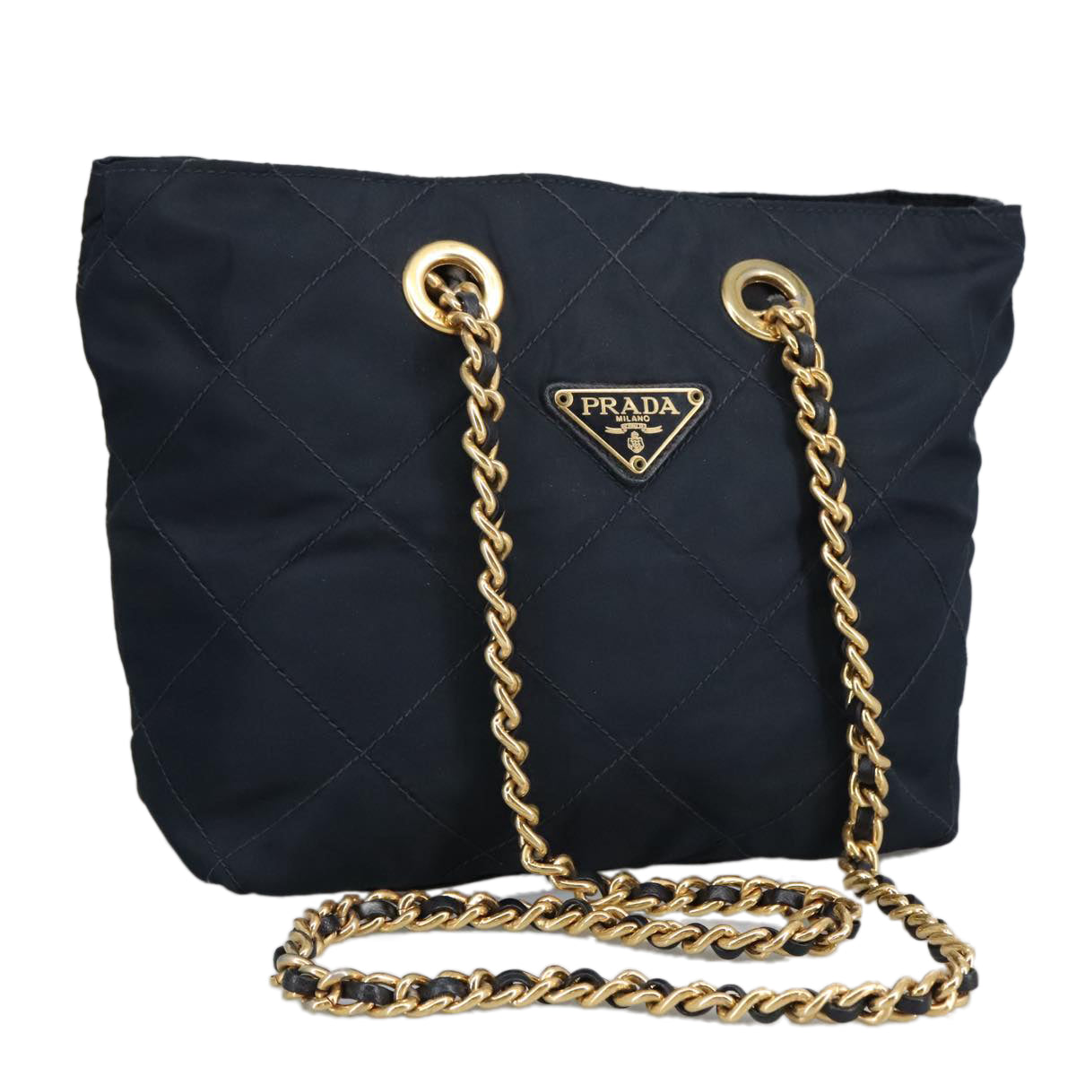 PRADA Chain Shoulder Bag Nylon Navy Gold Auth 97818