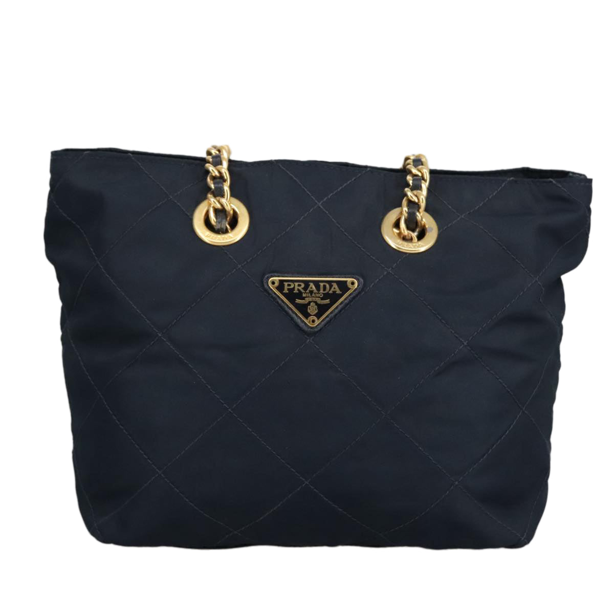 PRADA Chain Shoulder Bag Nylon Navy Gold Auth 97818