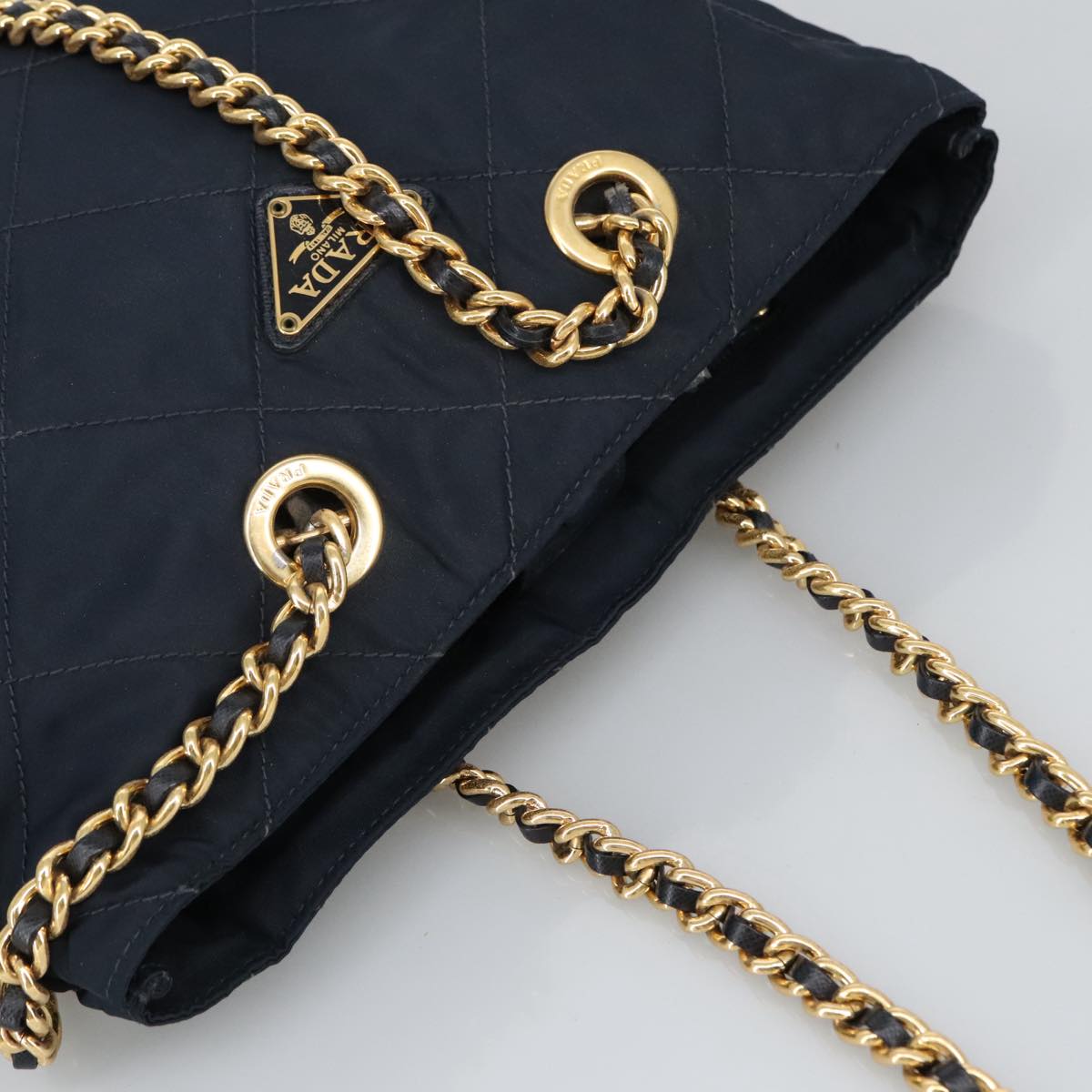 PRADA Chain Shoulder Bag Nylon Navy Gold Auth 97818