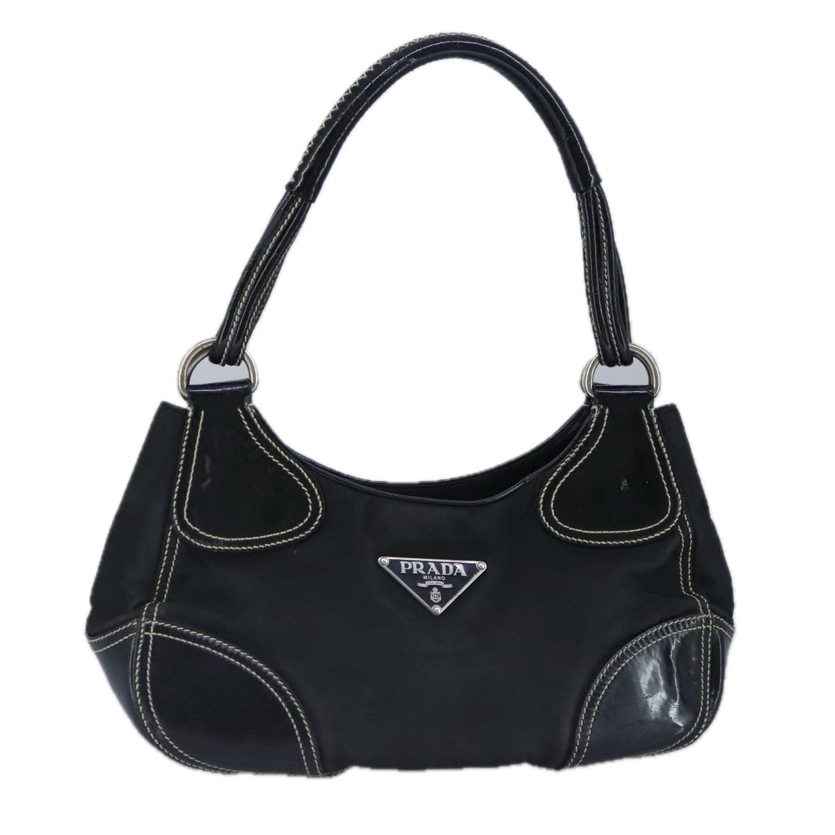 PRADA Shoulder Bag Nylon Leather Black Silver Auth 97830