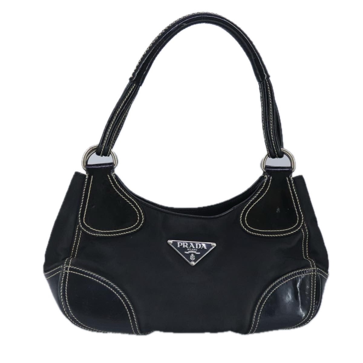 PRADA Shoulder Bag Nylon Leather Black Silver Auth 97830