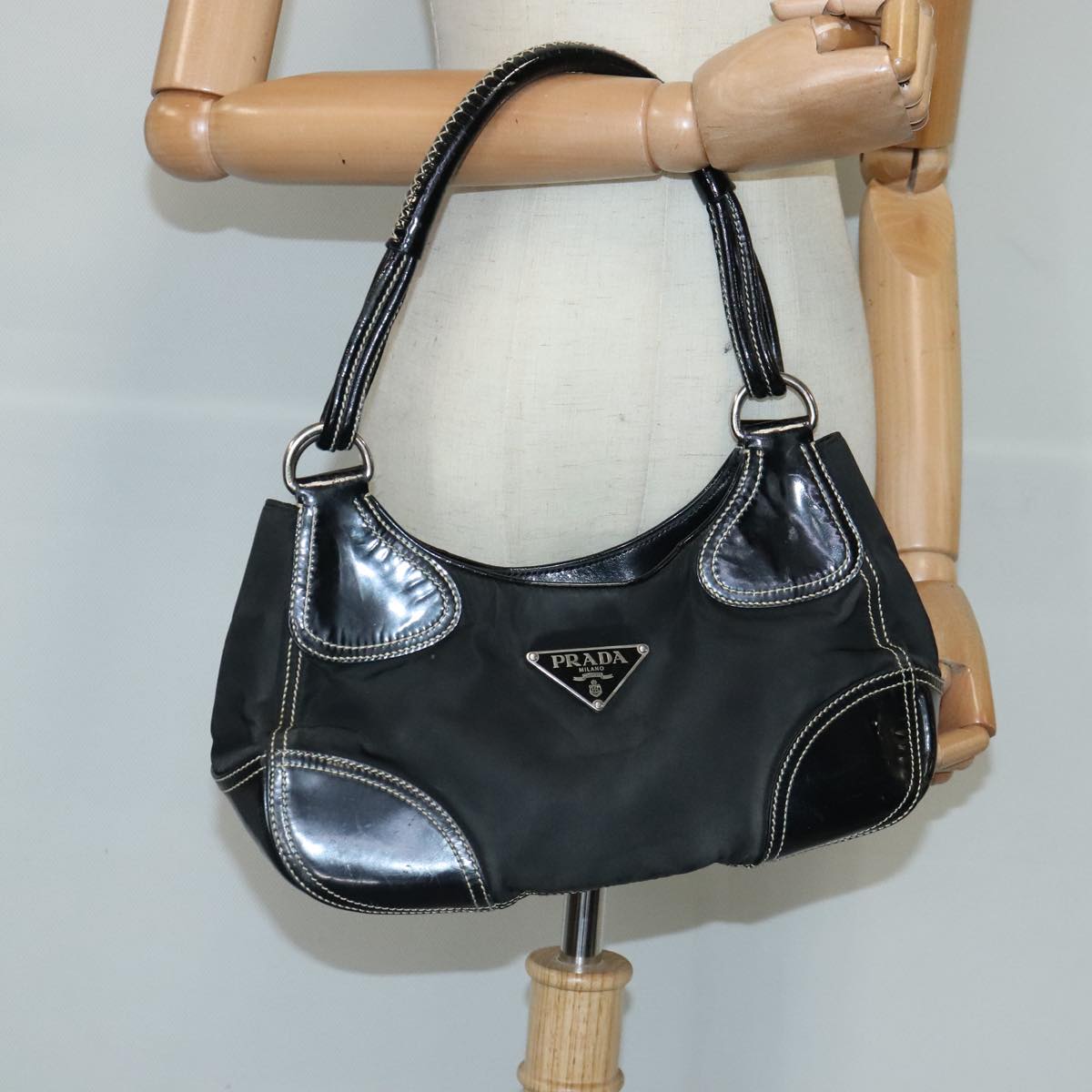 PRADA Shoulder Bag Nylon Leather Black Silver Auth 97830