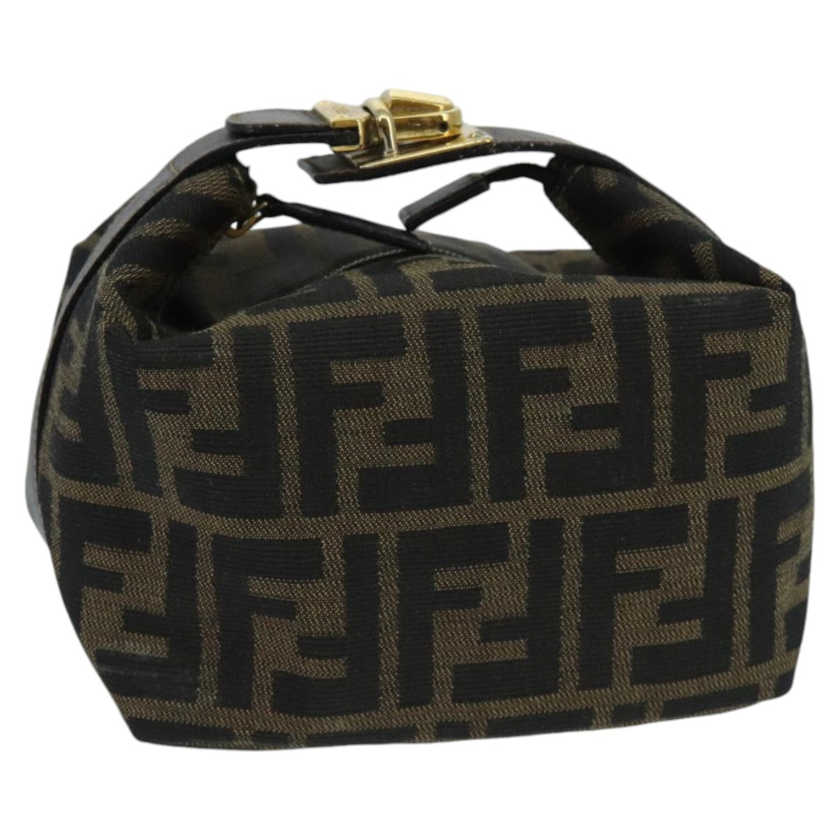 FENDI Zucca Canvas Vanity Hand Bag Brown Black gold Auth 97877