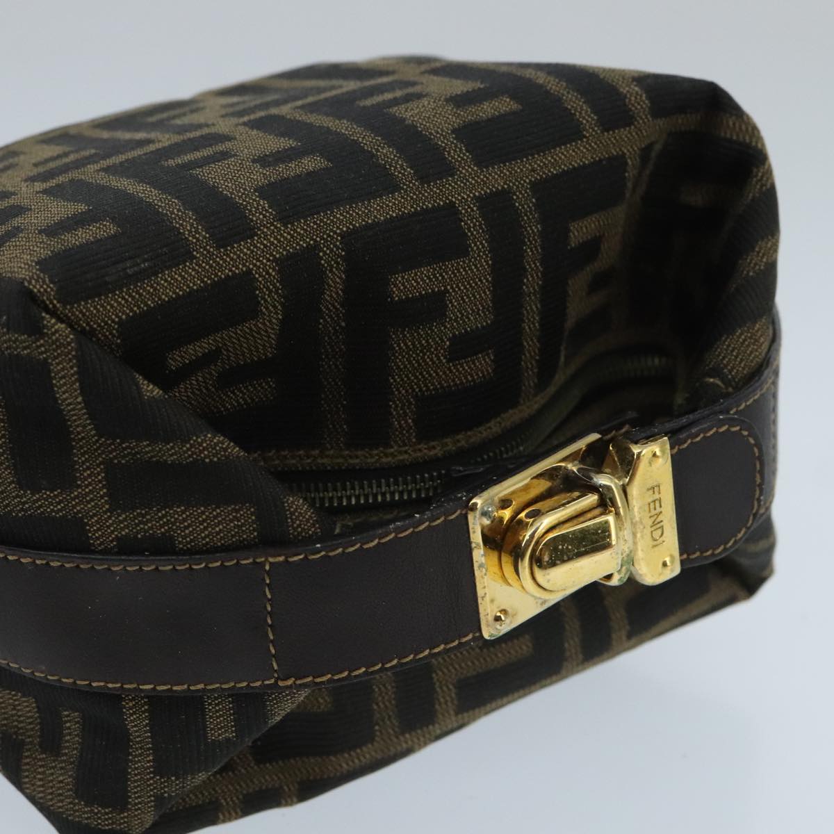 FENDI Zucca Canvas Vanity Hand Bag Brown Black gold Auth 97877