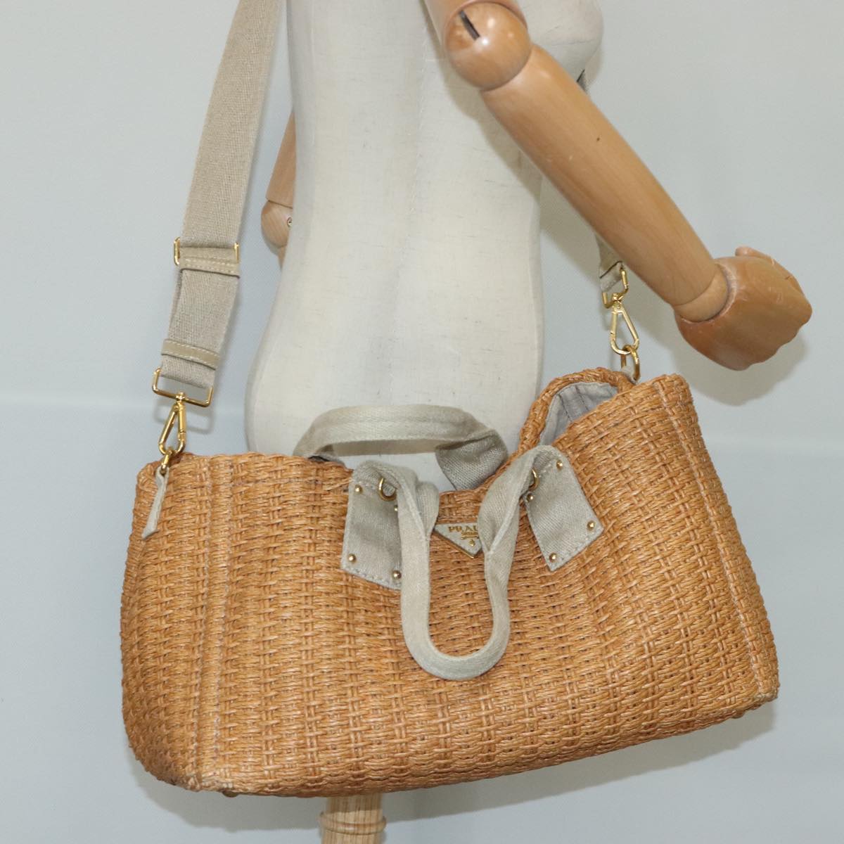 PRADA Hand Bag Straw 2way Beige Gold Auth 97887