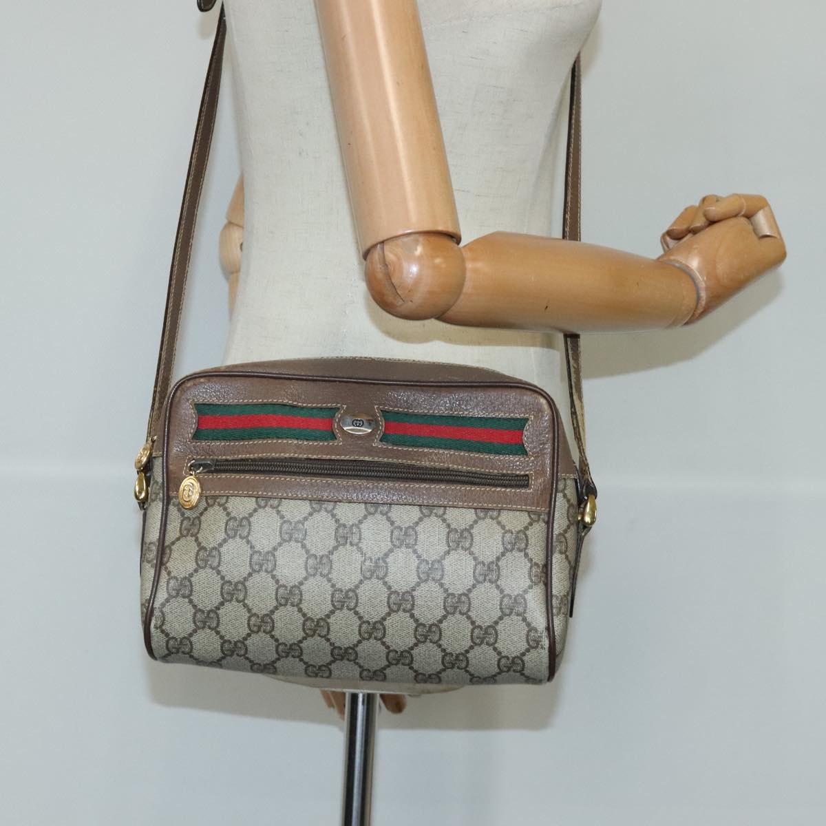 GUCCI GG Supreme Web Sherry Line Shoulder Bag PVC Beige Red 001 115 Auth 97895