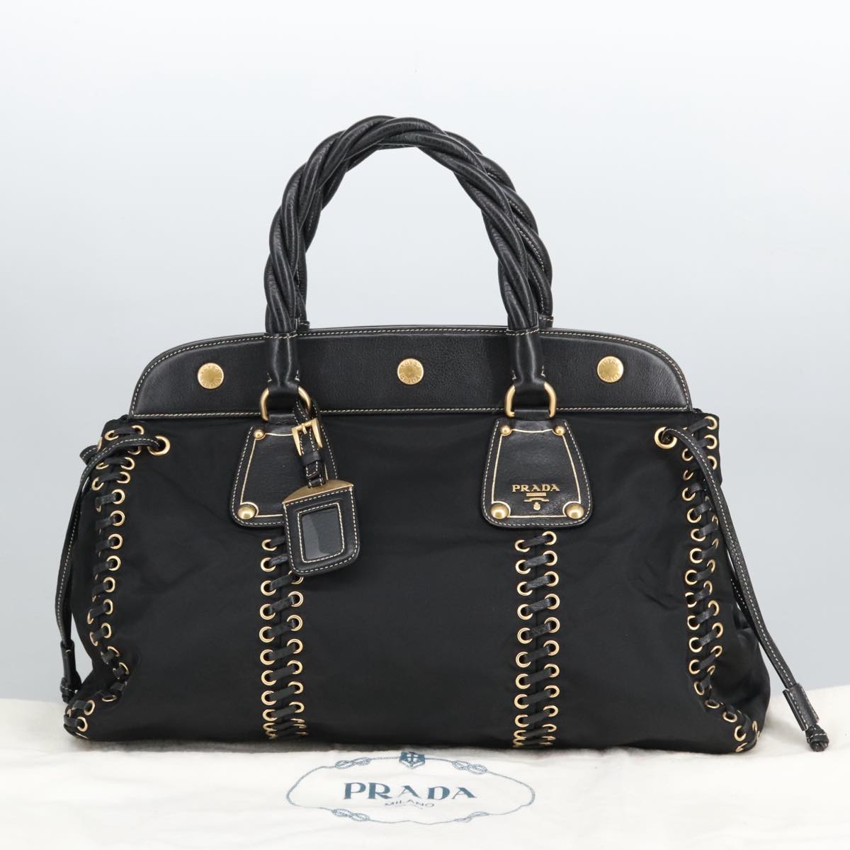 PRADA Hand Bag Nylon Leather Black Auth 97903