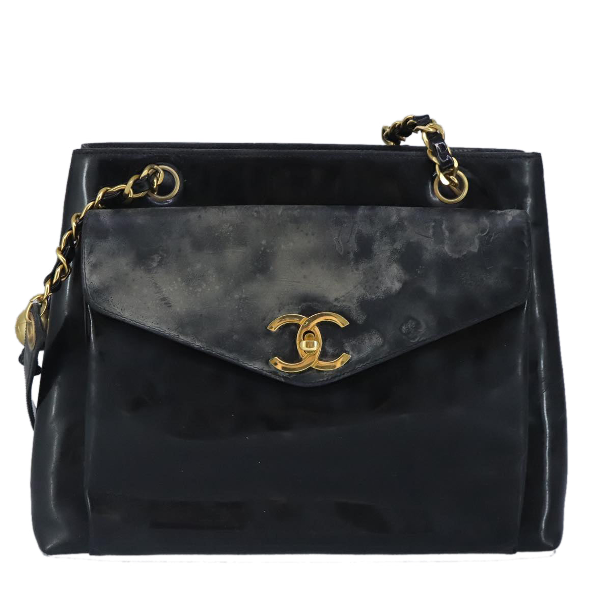 CHANEL Chain Shoulder Bag Patent leather Black Gold CC Auth 97911