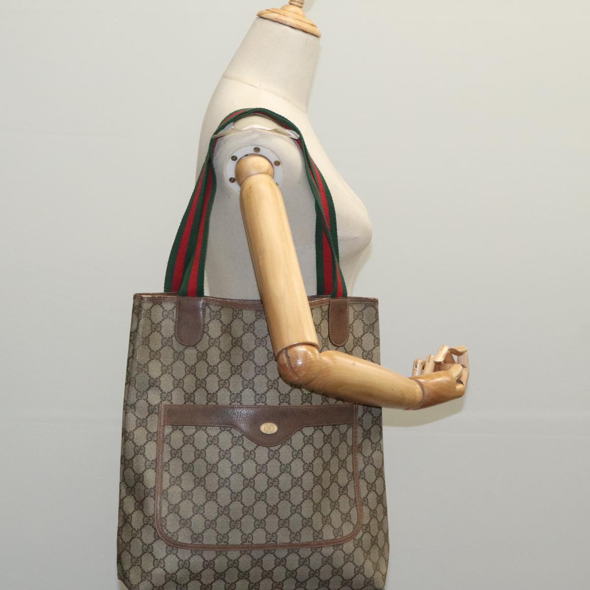 GUCCI GG Supreme Web Sherry Line Tote Bag PVC Beige Red 378 02 003 Auth 97942