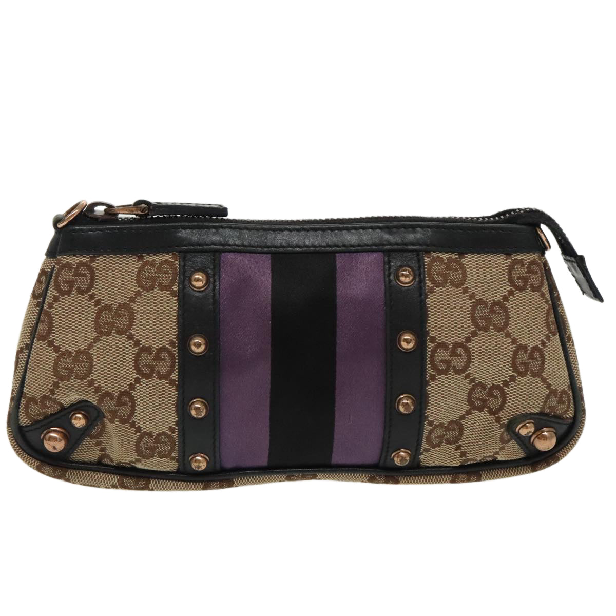 GUCCI GG Canvas Sherry Line Pouch Black Beige purple Auth 97963