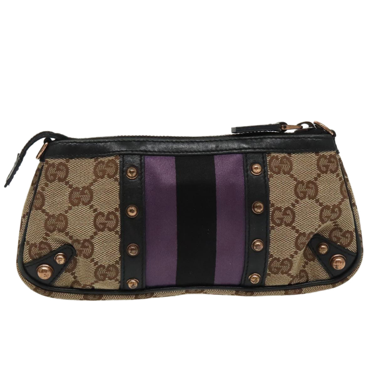 GUCCI GG Canvas Sherry Line Pouch Black Beige purple Auth 97963 - 0