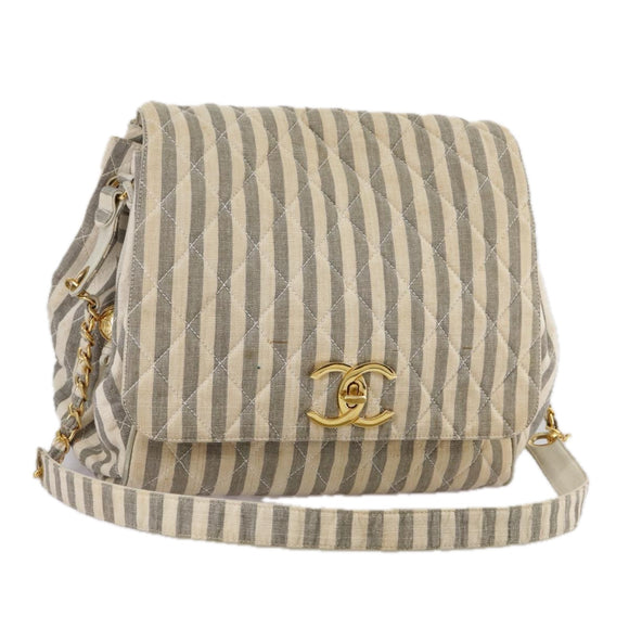 CHANEL Matelasse Big COCO Mark Chain Shoulder Bag Canvas Gray Gold CC Auth 97974