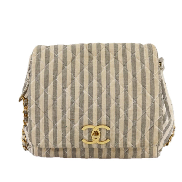 CHANEL Matelasse Big COCO Mark Chain Shoulder Bag Canvas Gray Gold CC Auth 97974