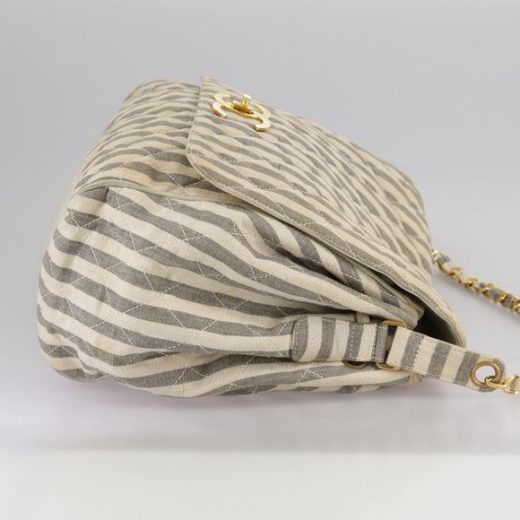 CHANEL Matelasse Big COCO Mark Chain Shoulder Bag Canvas Gray Gold CC Auth 97974