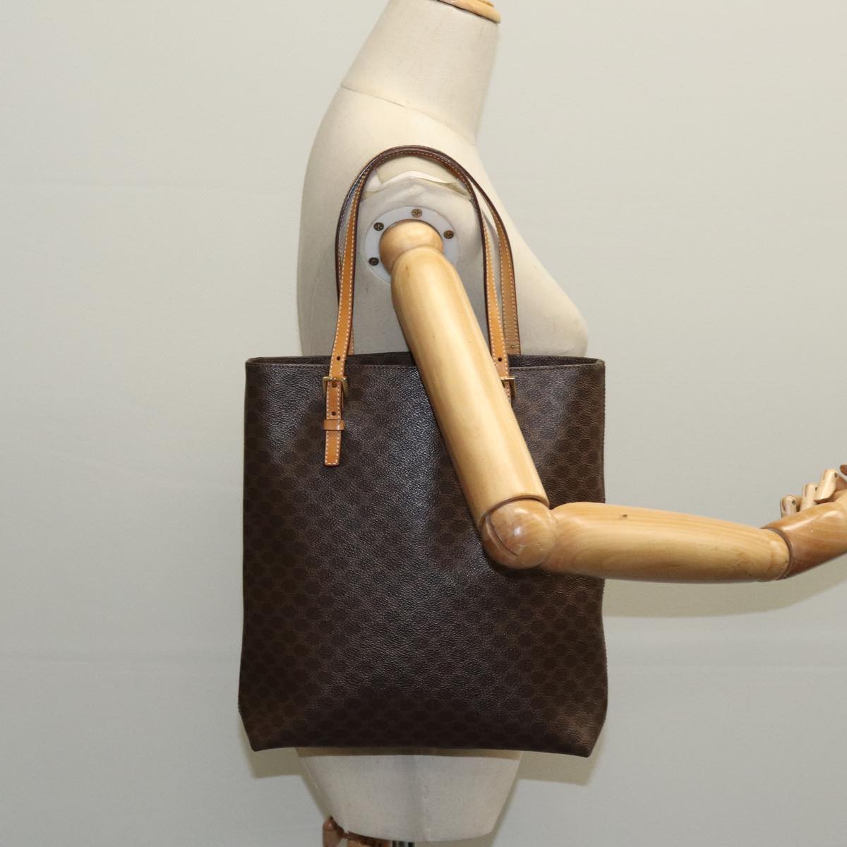 CELINE Macadam Canvas Tote Bag PVC Leather Brown Gold Auth 98062