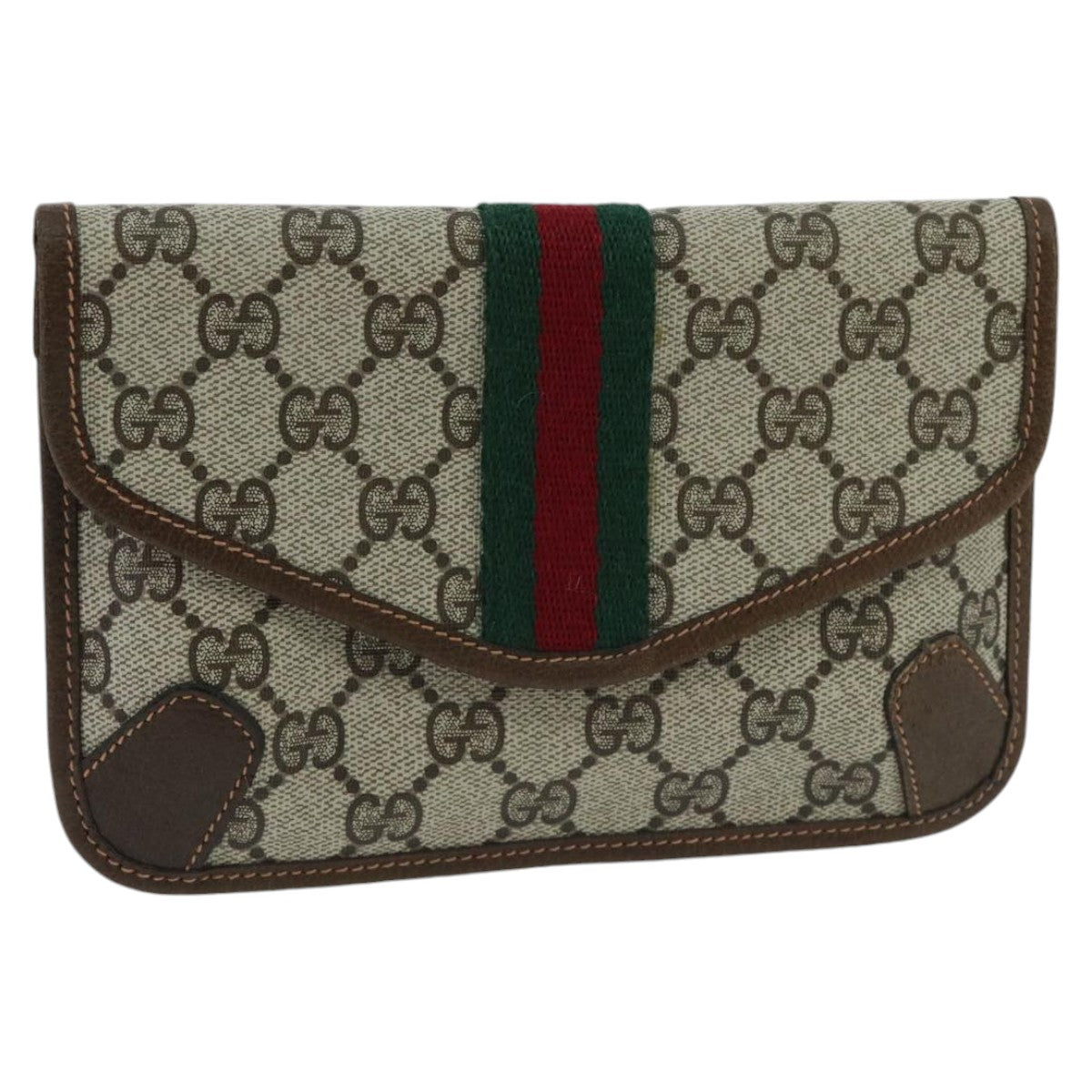 GUCCI GG Supreme Web Sherry Line Clutch Bag PVC Beige Red Green Auth 98074