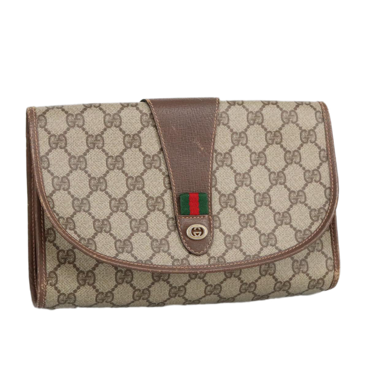 GUCCI GG Supreme Web Sherry Line Clutch Bag PVC Beige Red 156 01 030 Auth 98079