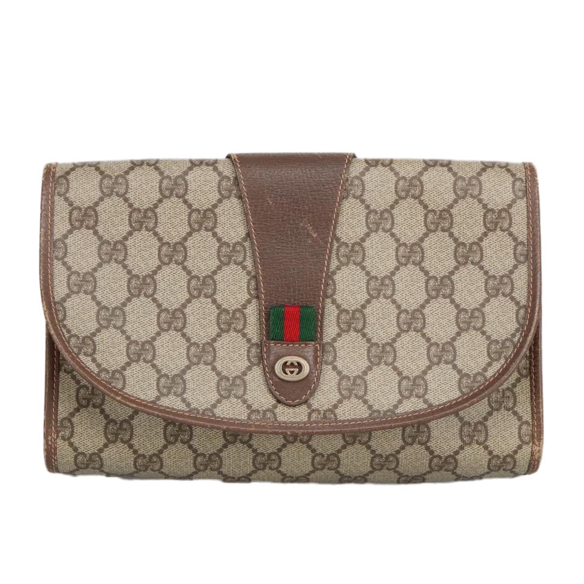 GUCCI GG Supreme Web Sherry Line Clutch Bag PVC Beige Red 156 01 030 Auth 98079