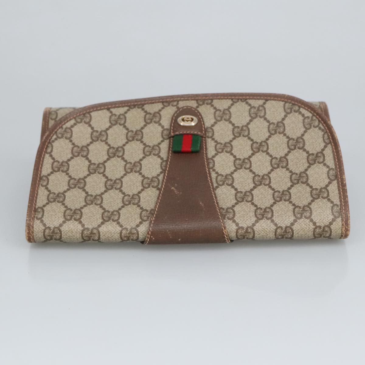 GUCCI GG Supreme Web Sherry Line Clutch Bag PVC Beige Red 156 01 030 Auth 98079