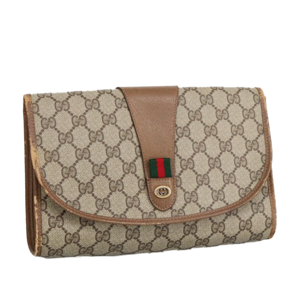 GUCCI GG Supreme Web Sherry Line Clutch Bag PVC Beige Red 89 01 030 Auth 98082