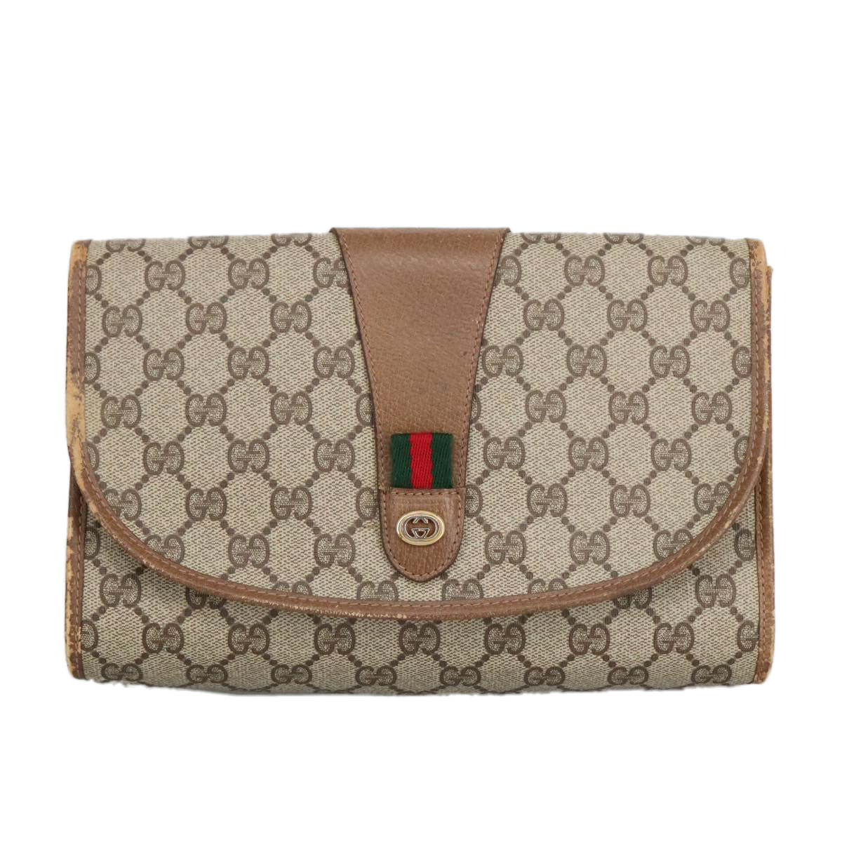 GUCCI GG Supreme Web Sherry Line Clutch Bag PVC Beige Red 89 01 030 Auth 98082