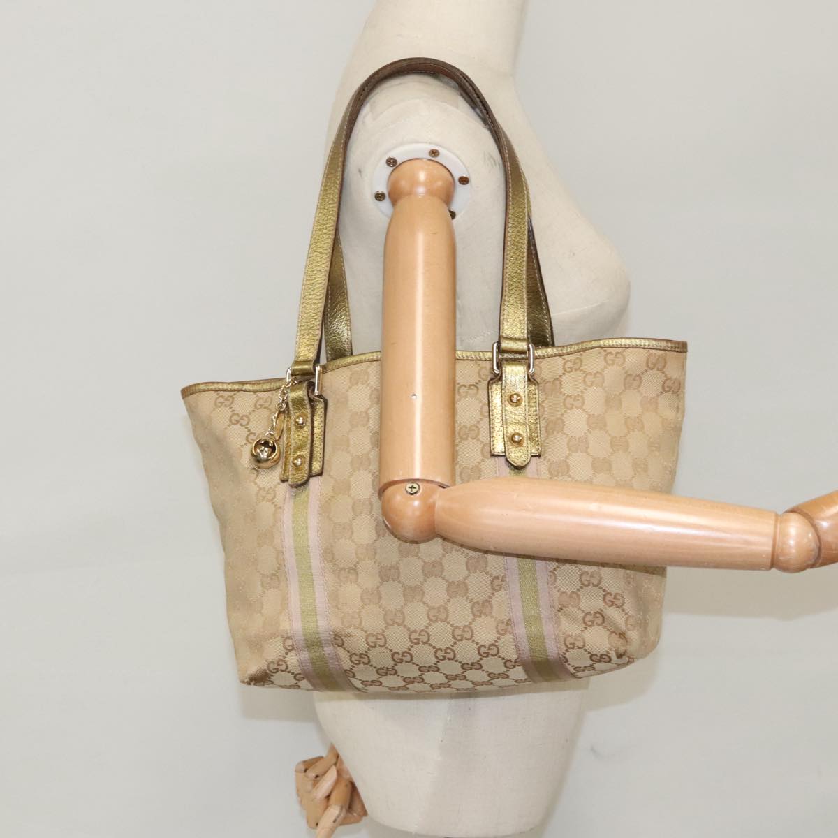 GUCCI GG Canvas Sherry Line Tote Bag Beige Gold pink 137396 Auth 98092