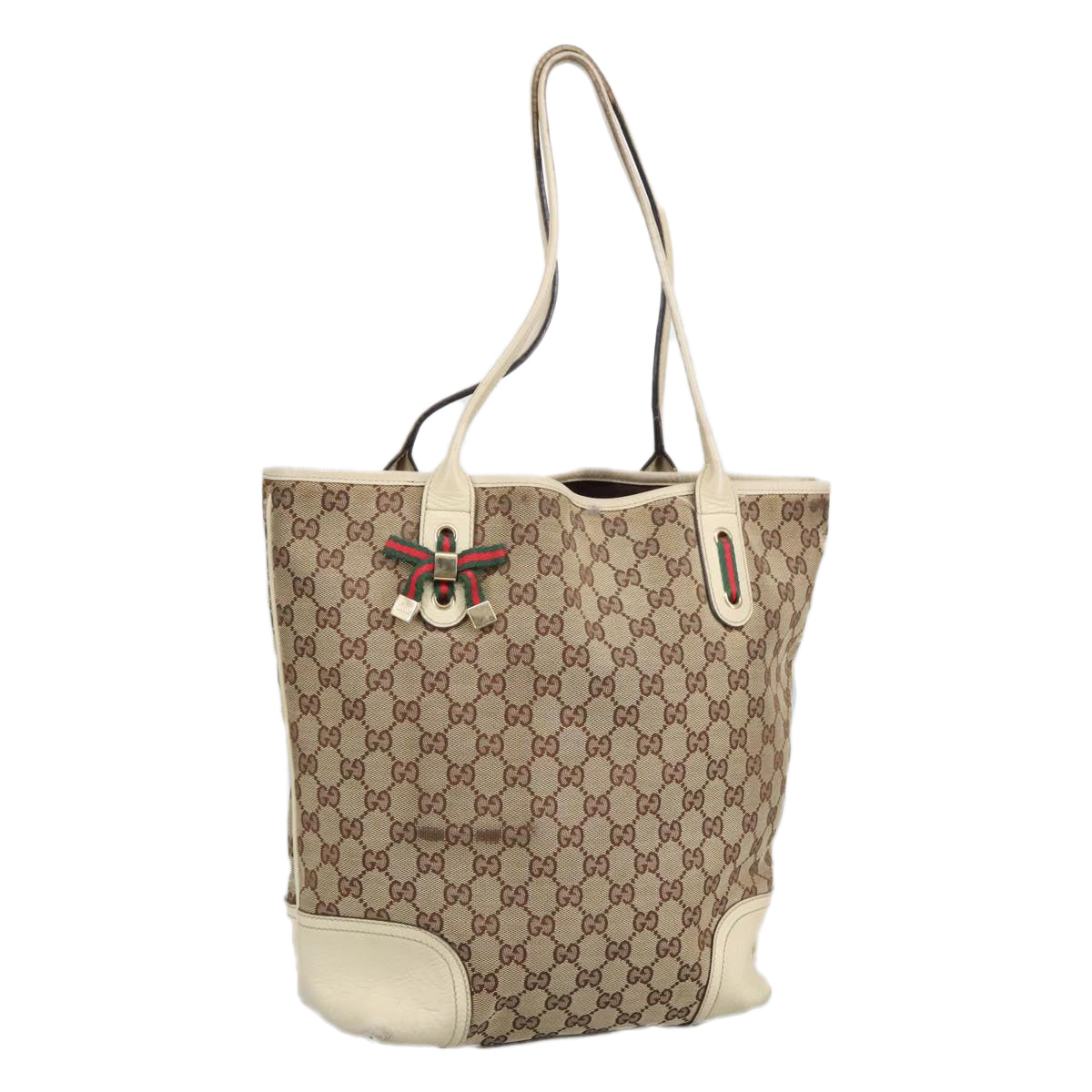 GUCCI GG Canvas Web Sherry Line Tote Bag Beige Gold Red 181779 Auth 98094