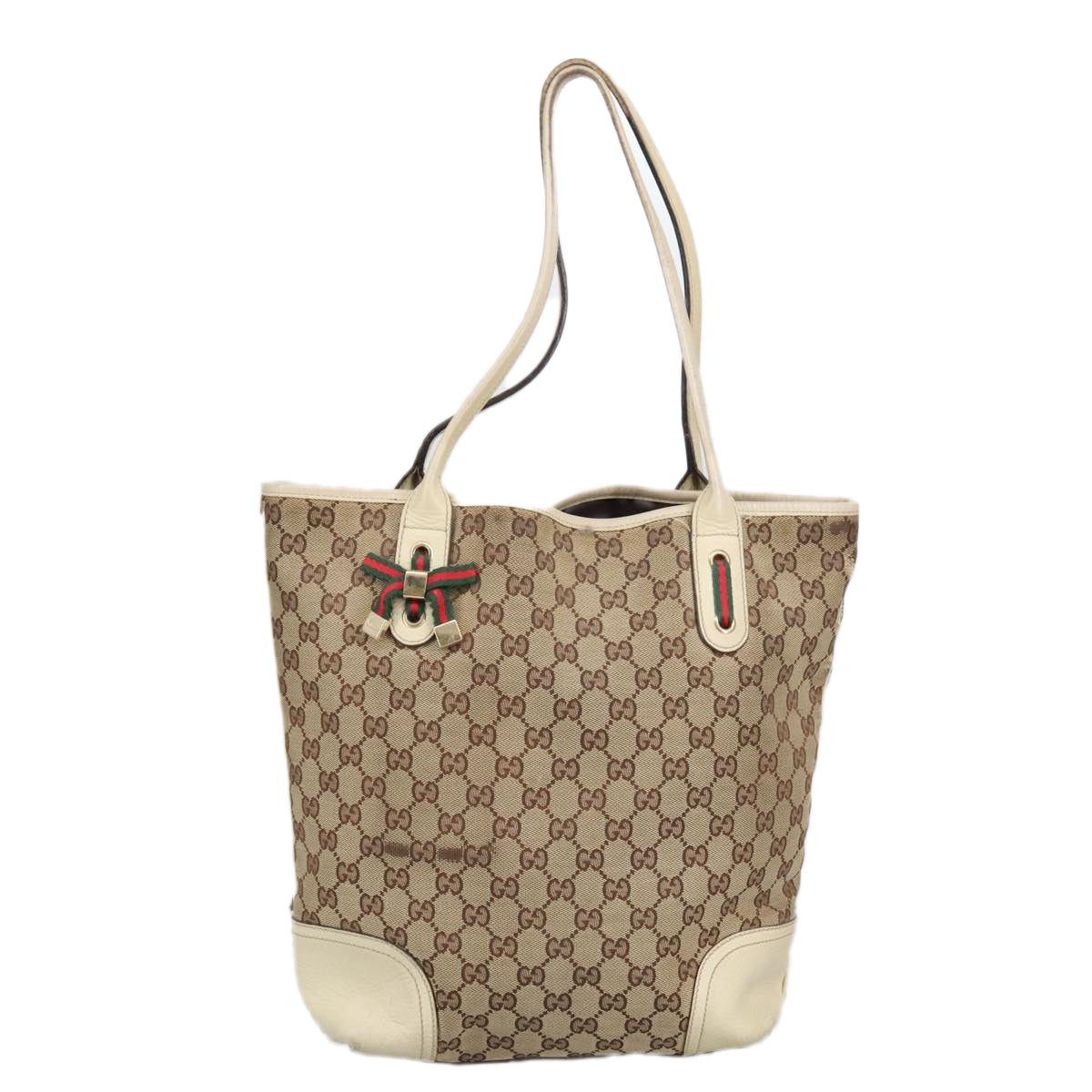 GUCCI GG Canvas Web Sherry Line Tote Bag Beige Gold Red 181779 Auth 98094