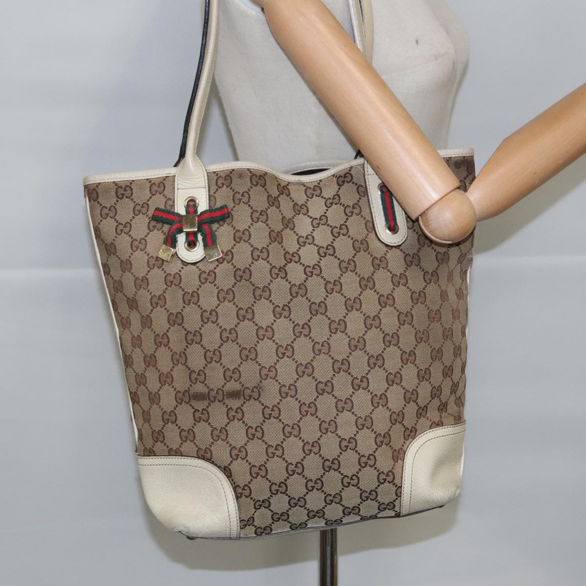 GUCCI GG Canvas Web Sherry Line Tote Bag Beige Gold Red 181779 Auth 98094