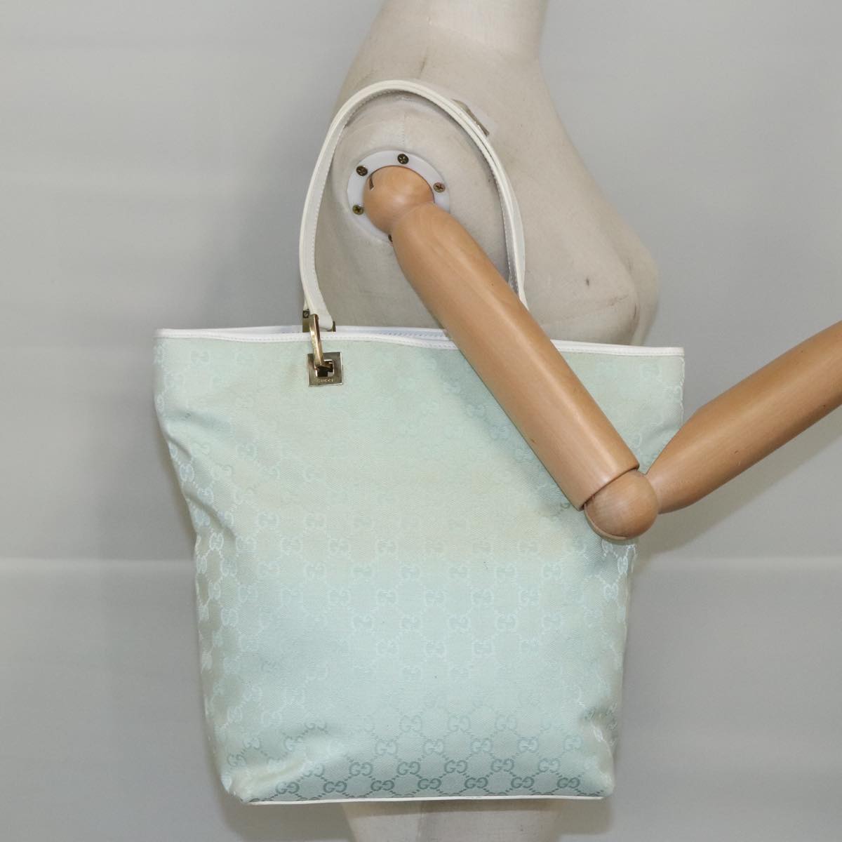 GUCCI GG Canvas Tote Bag Light Blue Gold 002 1098 Auth 98095