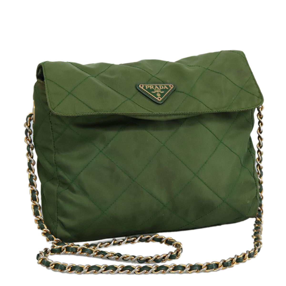 PRADA Chain Shoulder Bag Nylon Green Gold Auth 98097