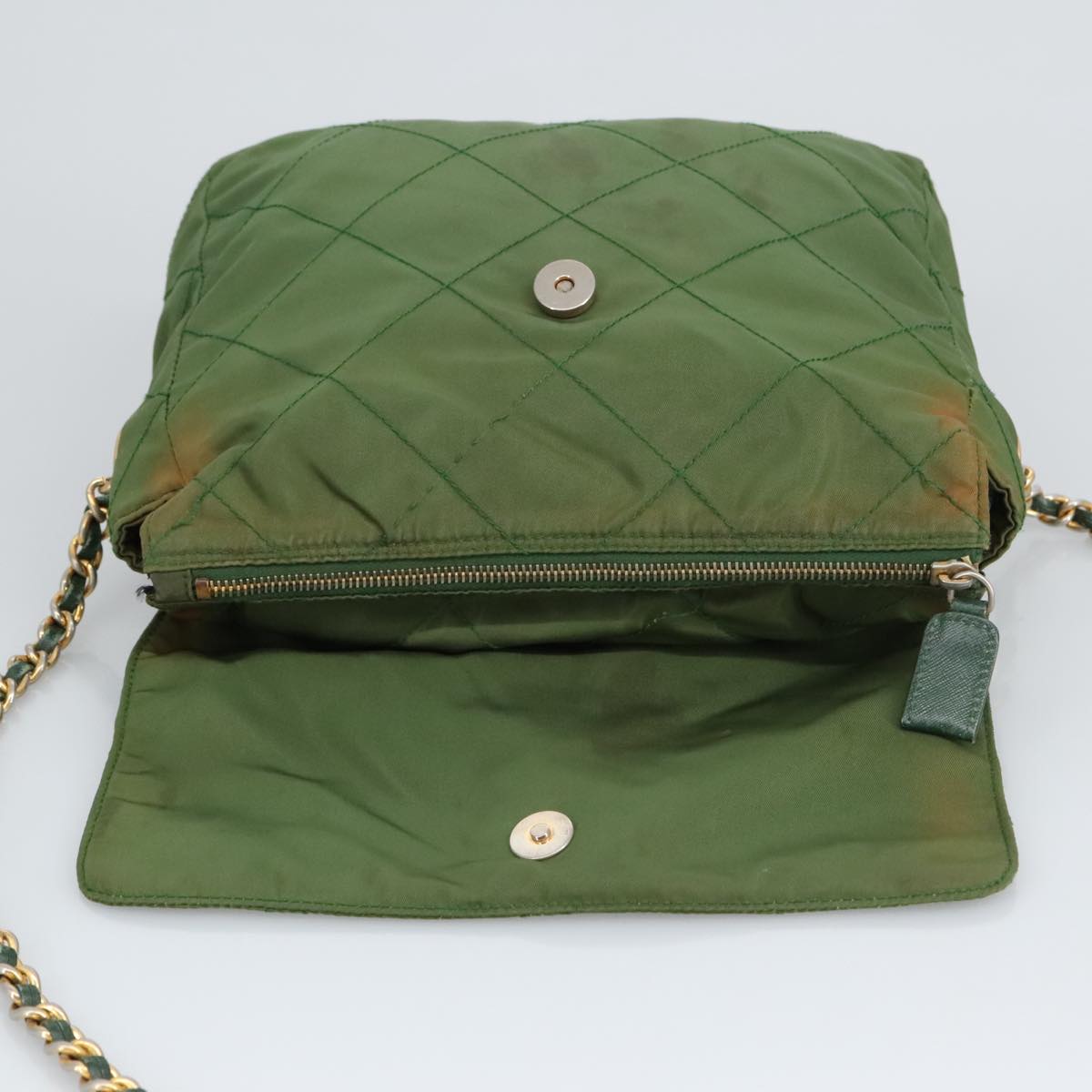 PRADA Chain Shoulder Bag Nylon Green Gold Auth 98097