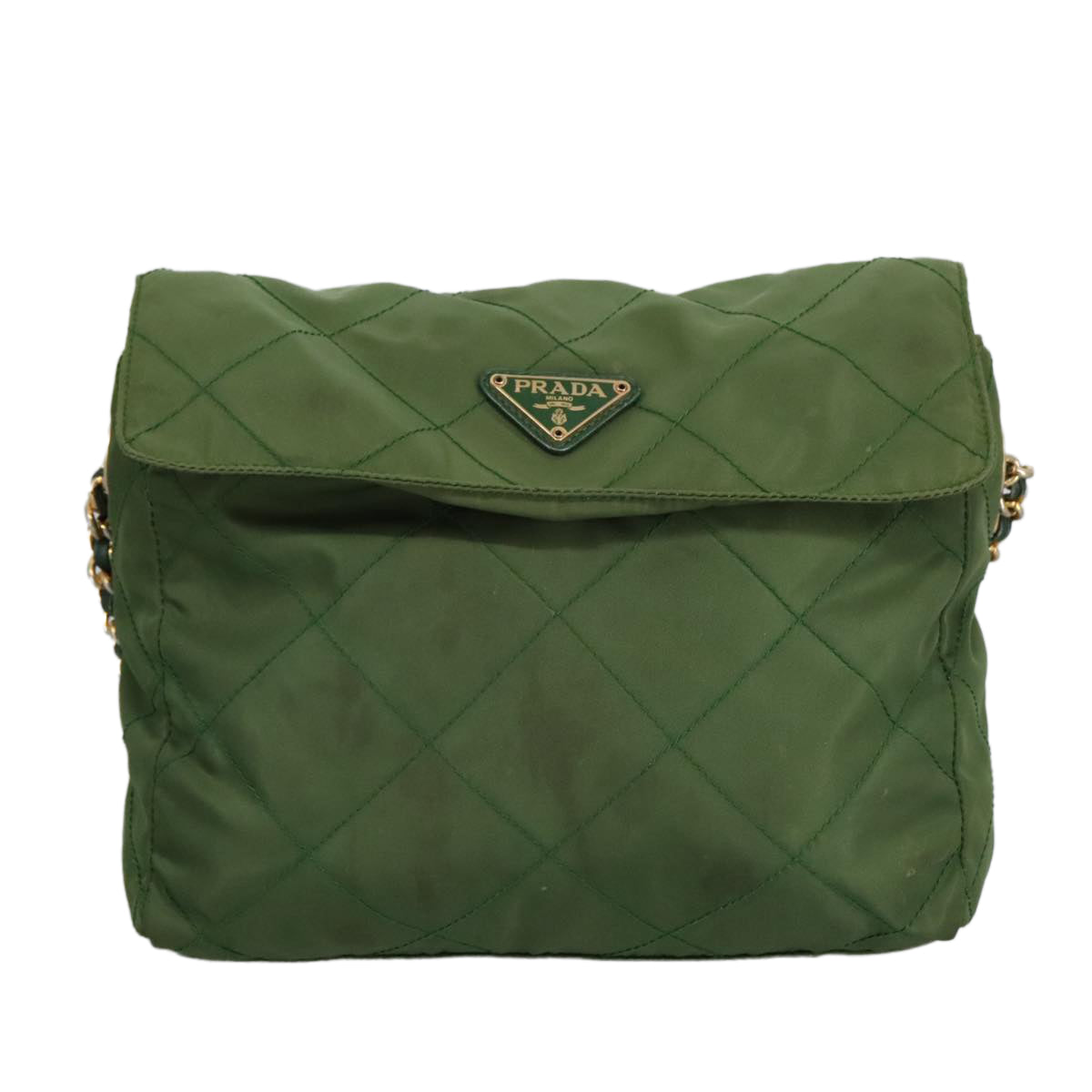 PRADA Chain Shoulder Bag Nylon Green Gold Auth 98097