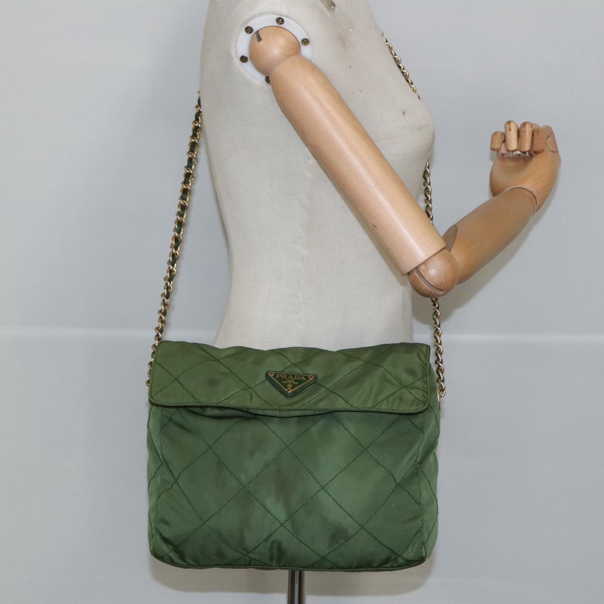 PRADA Chain Shoulder Bag Nylon Green Gold Auth 98097