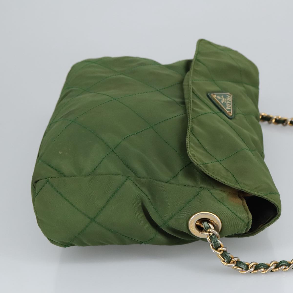 PRADA Chain Shoulder Bag Nylon Green Gold Auth 98097