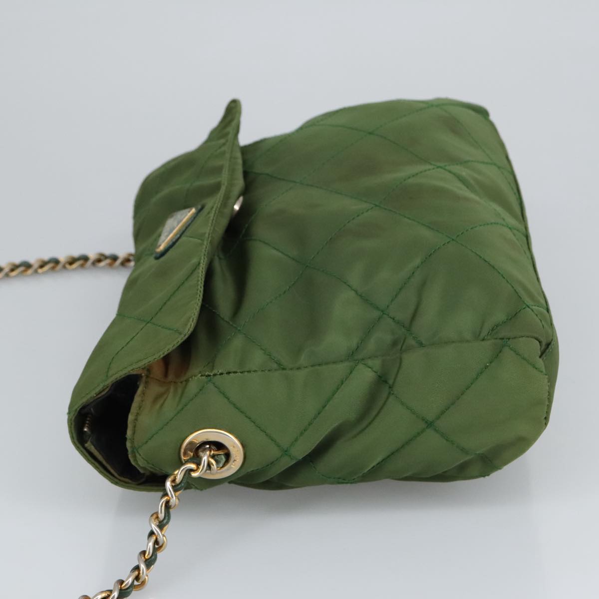 PRADA Chain Shoulder Bag Nylon Green Gold Auth 98097