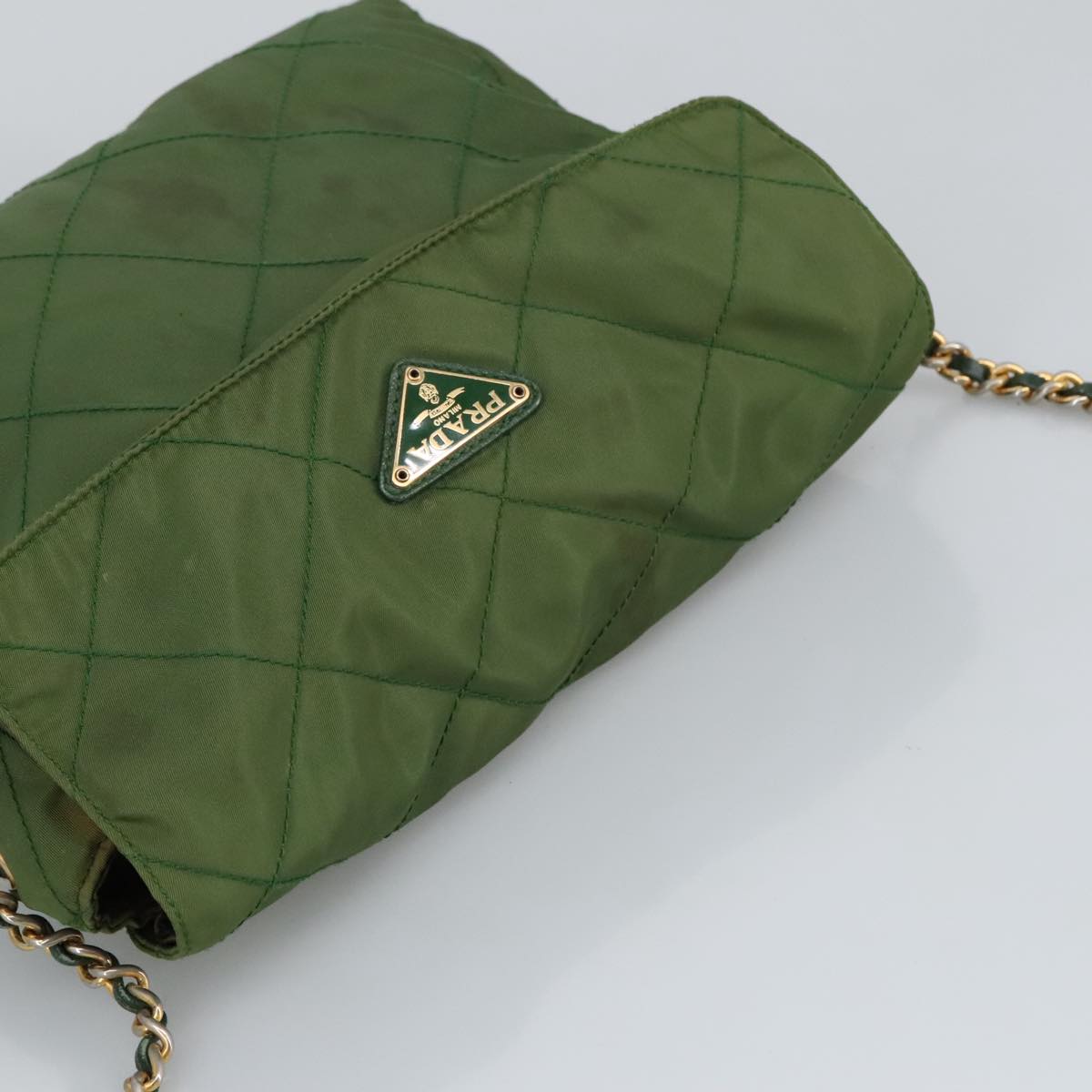 PRADA Chain Shoulder Bag Nylon Green Gold Auth 98097