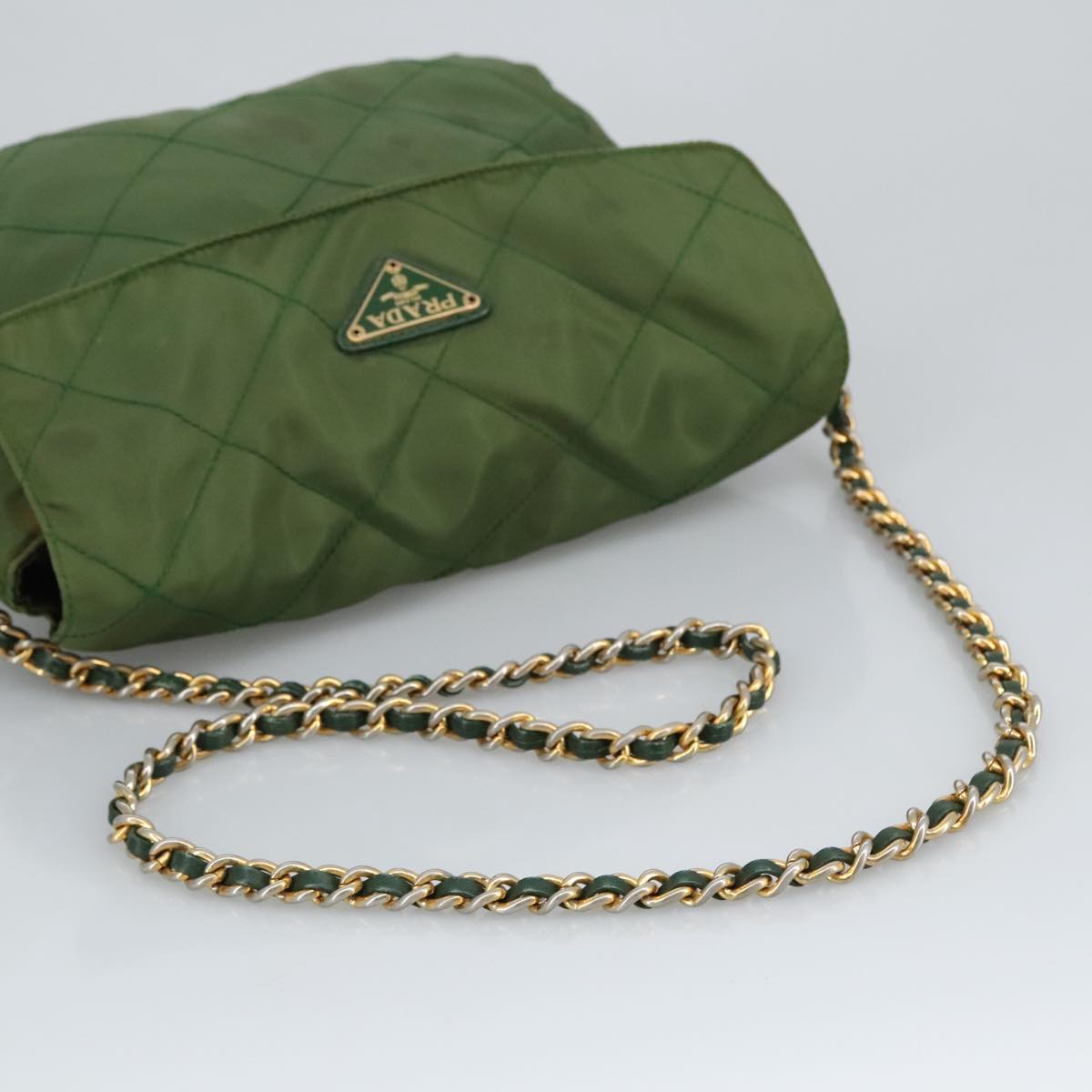 PRADA Chain Shoulder Bag Nylon Green Gold Auth 98097